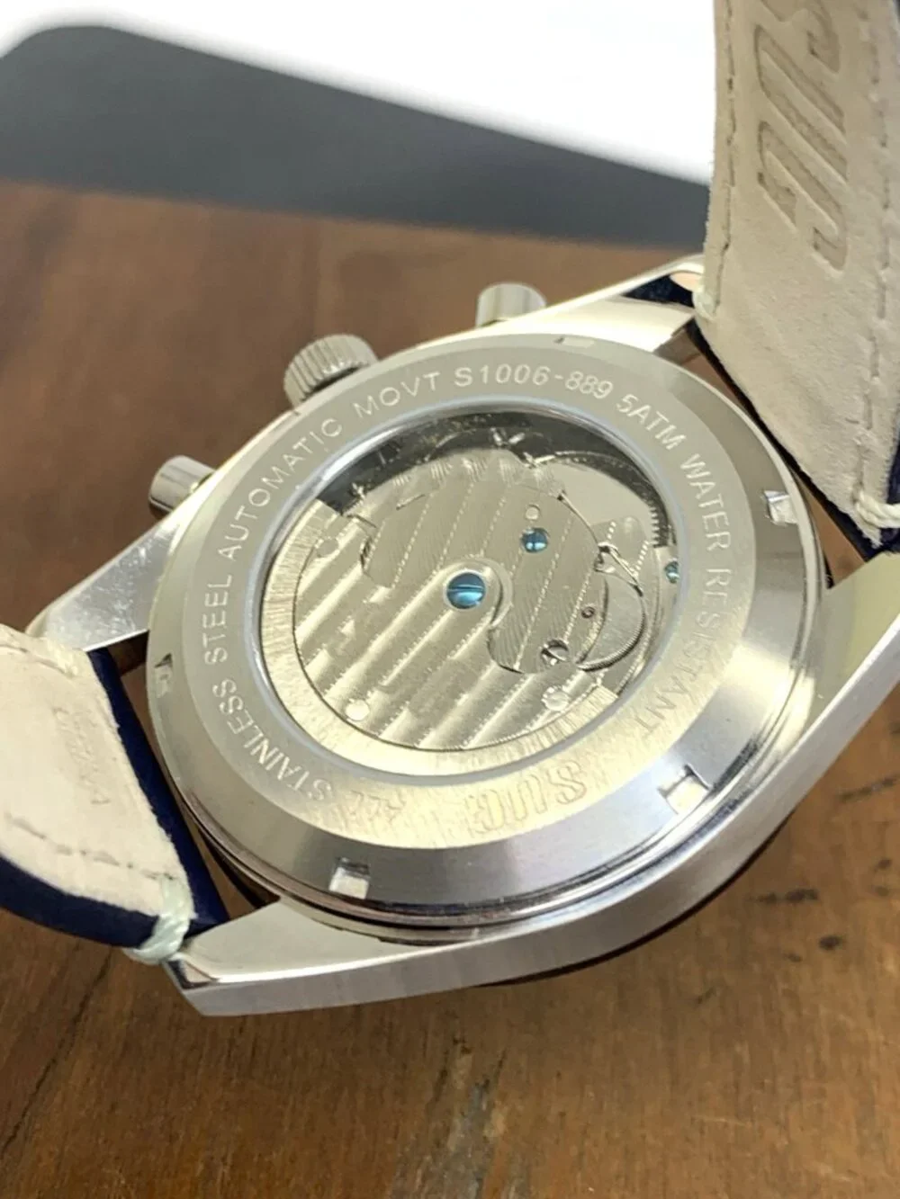SUG Men's Watch Automatic Chronograph Blue Dial Day Night Leather Strap 40mm